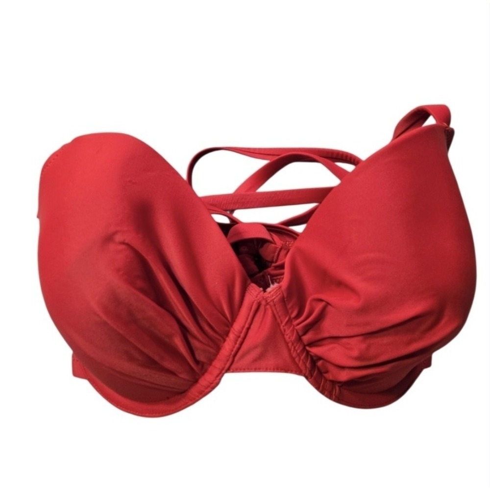 Aerie Red Ruched Underwire Bikini Top 36DD Cross Back Padded Swimsuit NWT